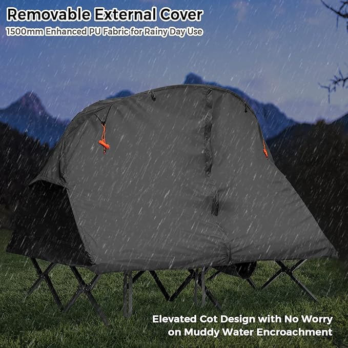 Tangkula 2-Person Tent Cot 4-in-1 Folding Tent with Waterproof Rainfly Self-Inflating Mattress &amp Roller Carrying Bag Portable Off Ground Elevated Tent with Shoe Storage Pocket &amp Lamp Hook