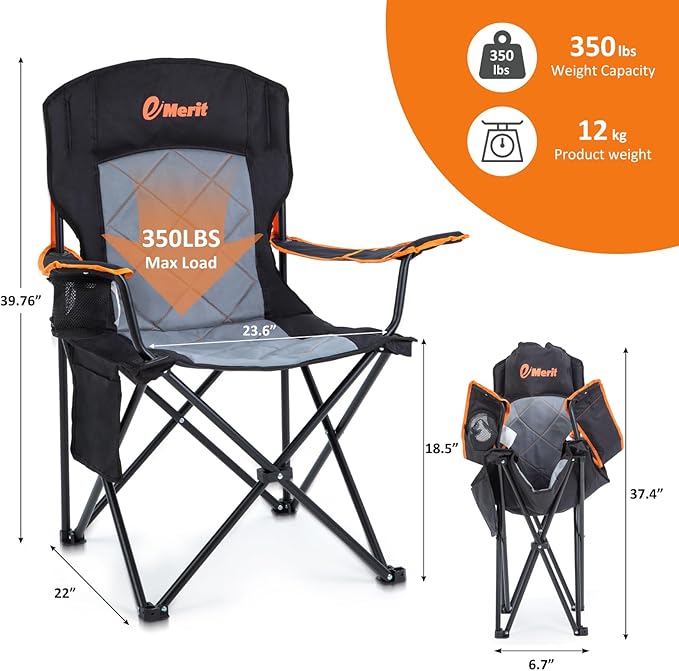 EMERIT 2 Pack Oversized Padded Camping Chair 350LB Heavy Duty Quad Fold Chair with Arms Collapsible Outdoor Chairs with Lumbar Back &amp Cup Holder