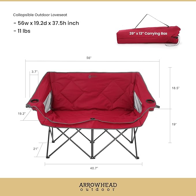 ARROWHEAD OUTDOOR 2-Pack Portable Folding Camp Loveseat Chair w/Glass &amp Cup Holders Heavy Duty Carry Bag 650 lbs Weight Capacity