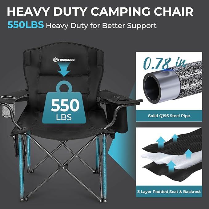 FUNDANGO Oversized Camping Chair for Adults Heavy Duty Portable Foldable Lawn Chair with Padded Seat &amp Back Lumbar Support 4-can Cooler &amp Cup Holder Carry Bag Included for Outdoor