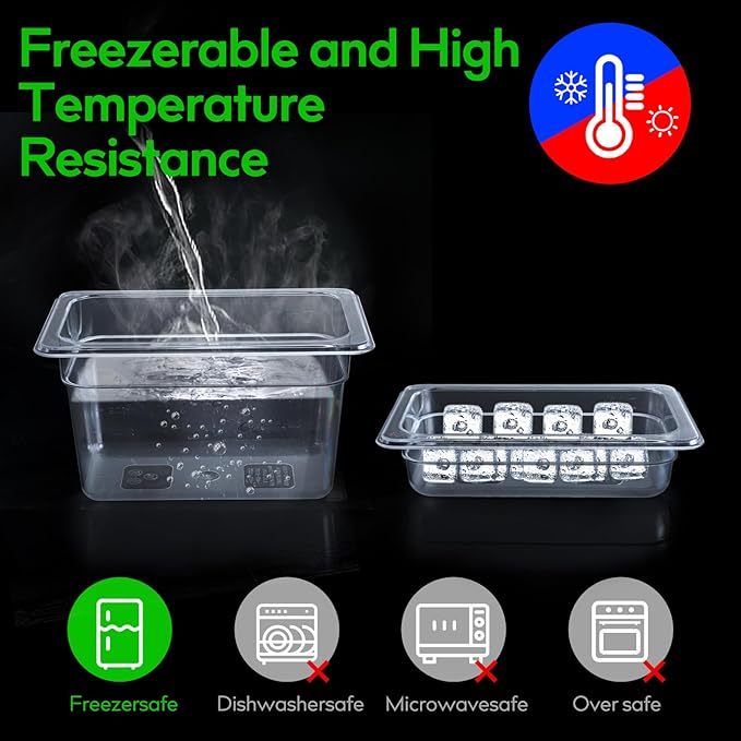 6 Pack 1/4 Size 6'' Deep Clear Food Pans with Lids Commercial Food Pans Polycarbonate Transparent Food Storage Containers Stackable Plastic Pan with Capacity Scale Restaurant Supplies Hotel Pan