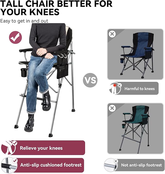 Foldable Directors Makeup Salon High Chair - Portable Camping Bar Height Folding Photoshoot Chairs with Stroage Bag Cup Holder Non-Slip Footrest Supports 400 lbs Black Tall Director Chair