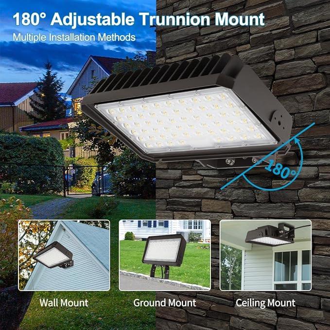150W LED Flood Light with Dusk-to-Dawn Photocell 5000K Daylight 100-277V IP65 Waterproof 130lm/W 150W/100W/75W Adjustable LED Parking Lot Light with Trunnion Mount ETL
