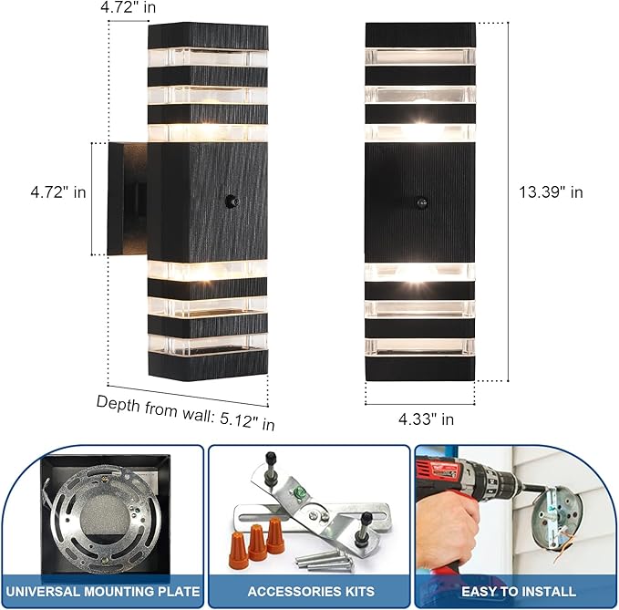 2PK Dusk to Dawn Sensor Outdoor Wall Lights Up Down Porch Lights Modern Exterior Light Fixtures Photocell Waterproof Black Aluminum Housing for Front Porch Patio Garage (Use Two E26 Bulbs)