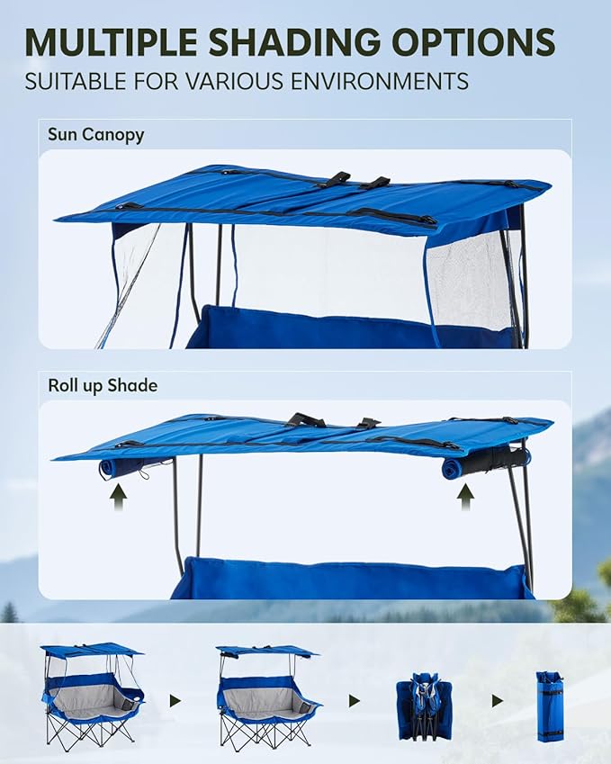 CLIPOP Double Camping Chair with Canopy Portable Outdoor Folding Chair with Cup Holders Side Pocket Oversized Beach Chair with Canopy Shade for Lawn Patio Hiking Blue