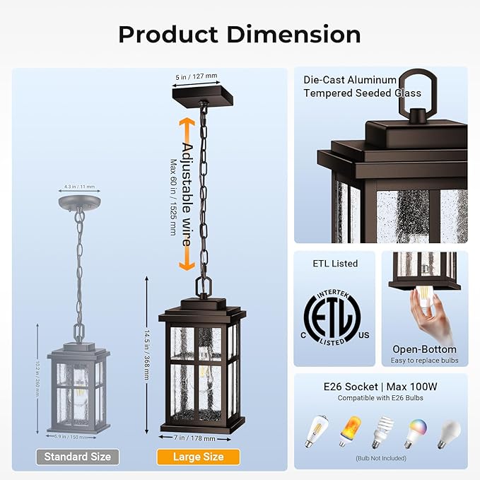 VIANIS Large Outdoor Pendant Lights for Porch Oil Rubbed Bronze Farmhouse Hanging Porch Lights Outdoor with Tempered Glass Anti-Rust Waterproof Exterior Chandelier for Patio with Adjustable Chain