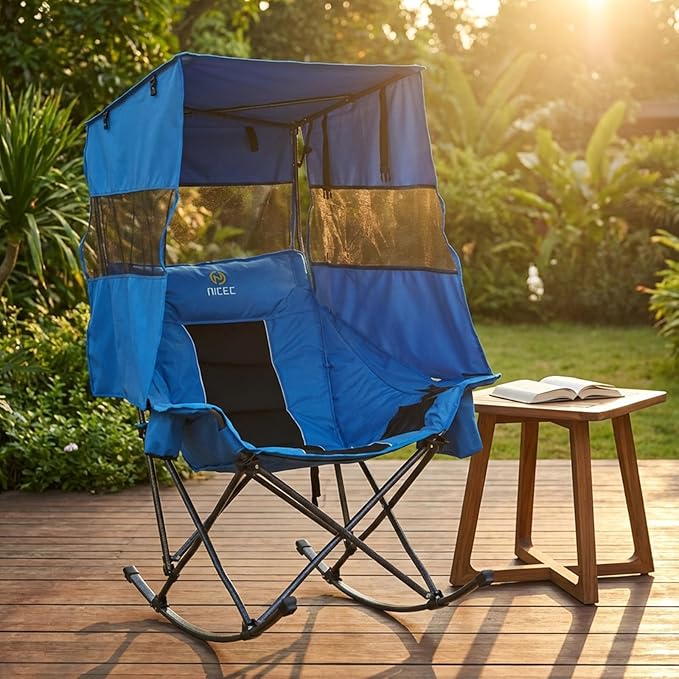 Nice C Rocking Camping Chair with Canopy XL Oversized Folding Rocker for Adult Outdoor Umbrella Chairs with Shade with Cup Holder Cooler Bag Carry Bag for Sports Patio Backyard (1 Pack Blue)