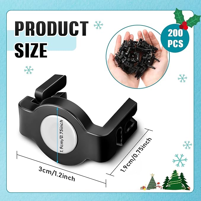 Frienda 200 Pieces C9 Magnetic Christmas Light Clips Magnet Christmas Socket Clips Hooks for Sockets Roof Gutters Outside Patio Holiday Lighting (Black Round)