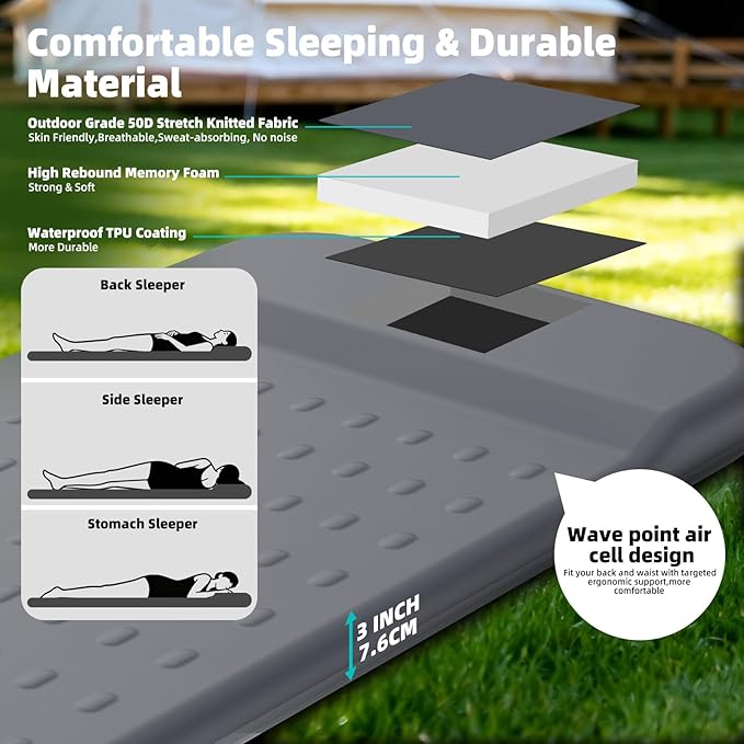 KASIMO Memory Sleeping Pad for Camping 3 Compact Ultra-Thick Foam Sleeping Mats with Pillow 9.5 R-Value Insulated Camping Mattress Pad or Car Travel Backpacking TentHome