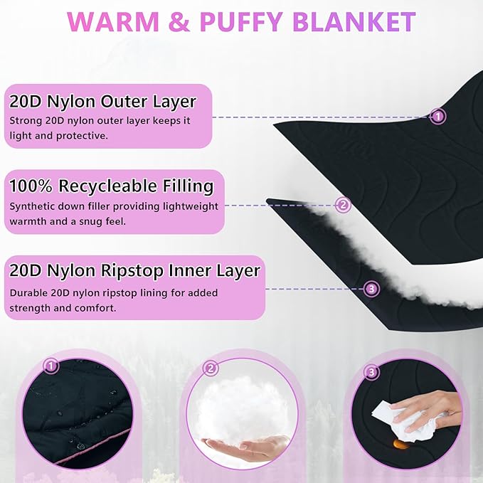 Camping Blanket Packable Lightweight Down Alternative Puffy Camping Picnic Outdoor Blankets Warm Waterproof Hammock Top Quilt for Sleeping Travel Stadium Hiking Indoor Cold Weather 55x78.8