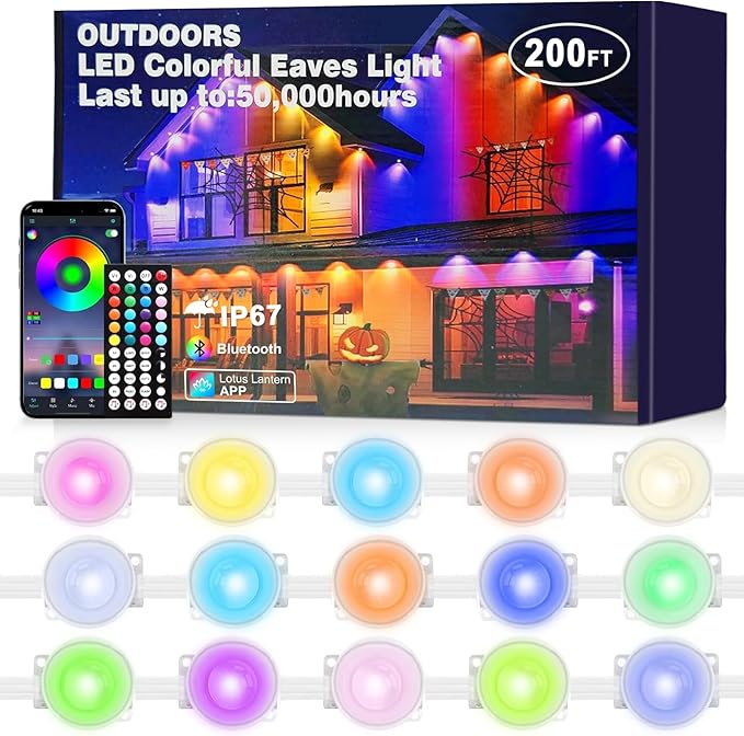 Permanent Outdoor Lights IP67 Waterproof Smart RGBMusic SyncTiming FunctionRemote Control for All Holiday Decor Decorations Light (200FT Permanent Outdoor Lights)