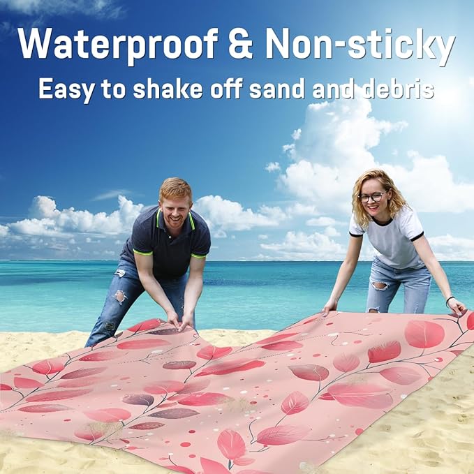 Waterproof Sandproof Beach Blanket 59''×68'' Plants Pink Leaf Polyester Outdoor Picnic Blanket with 4 Stakes &amp Storage Bag for BeachCampingVacation Pink