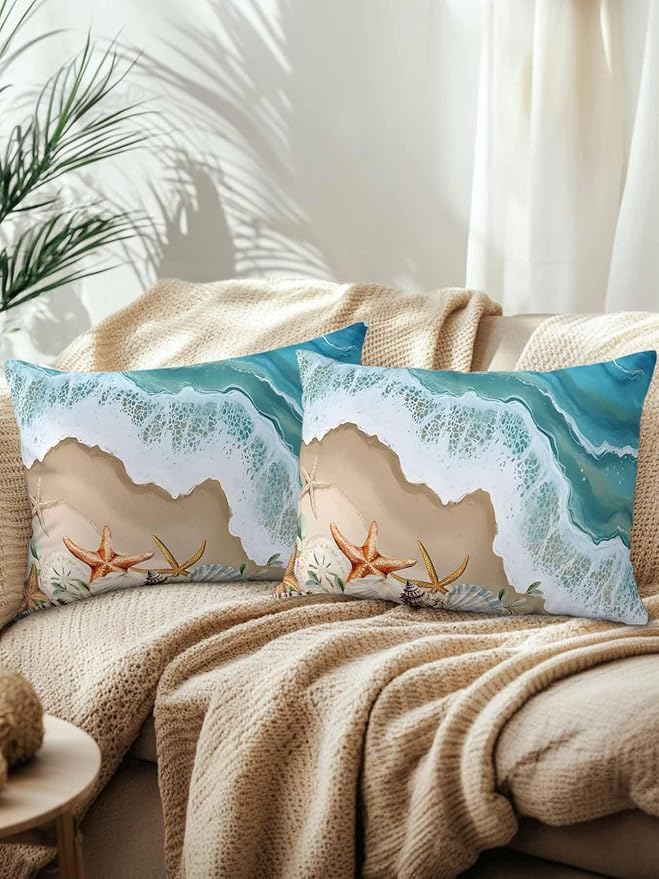 Outdoor Pillows Waterproof Coastal Beach Ocean Bedding Throw Pillows with Insert for Couch Sofa Bed Nautical Starfish Shells Conch 12x20 Inch Pillowcases Camping Patio Pillow Set of 2