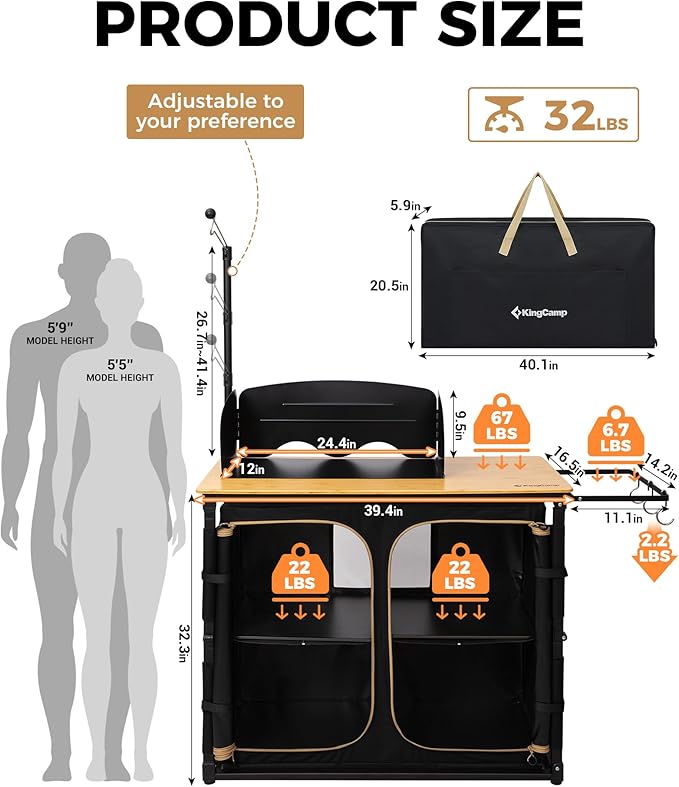 KingCamp Bamboo Camp Kitchen Station Folding Overland Camping Kitchen Table Hooks Portable Outdoor Cooking with Adjustable Lantern Pole &amp Windshield Storage Organizer for Tailgating BBQ Picnic RV