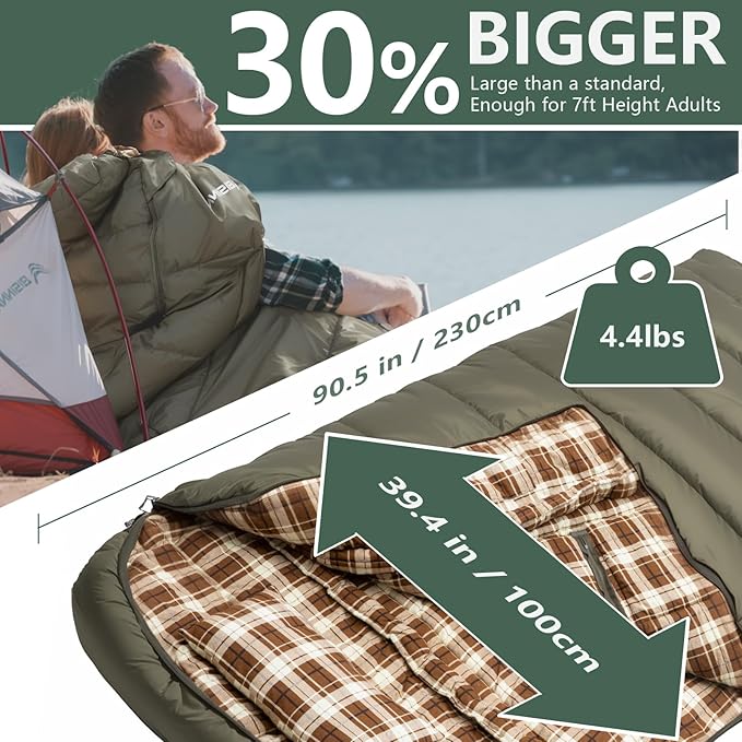 BISINNA Flannel XXL Sleeping bag (90.55x39.37) Wearable Sleeping Bag for Alults 3 Season with Pillow Compressdin Sack for Hiking Camping Backpacking Outdoor