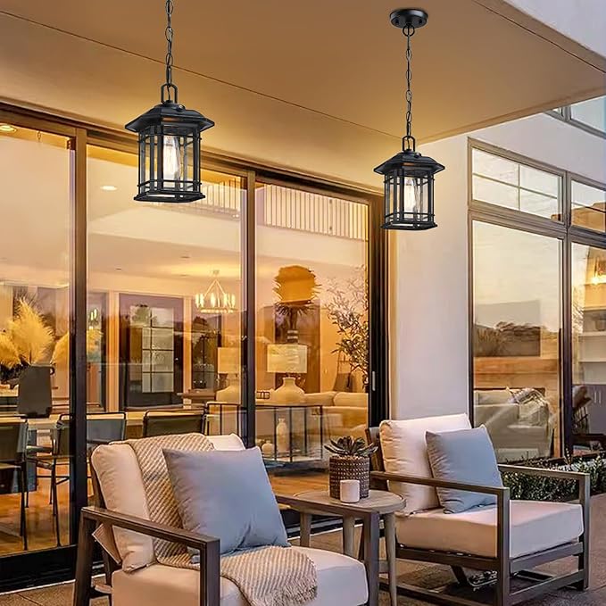 Dusk to Dawn Pendant Lights - 10.25'' Black Exterior Hanging Lanterns Farmhouse Outdoor Ceiling Light Fixture Waterproof Tempered Seed Glass Chandelier 1Pack