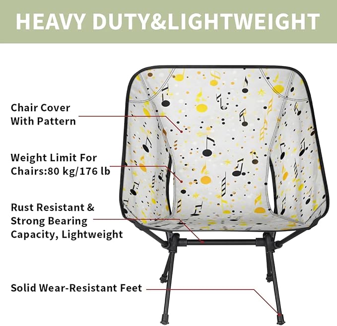 Honeybaby Folding Camping Chair Cute Music Notes Camping Chairs Lightweight Portable Chair Outdoor Foldable Chairs for Camping Travel Picnic Beach Hiking