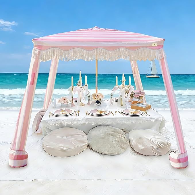 AMMSUN Beach Cabana with Fringe 6.5' x 6.5' Boho Beach Canopy with Tassels Easy Set up &amp Premium Wood Pole Cabana Tent with Sand Pockets Instant Sun Shade for Sand Garden Pink Rose Stripes
