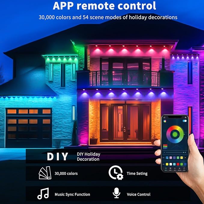 Permanent Outdoor Lights 100FT RGB+IC Smart Eaves Lighting with 50 LEDs 16 Million Colors IP68 Waterproof for Year-Round and Holiday Use