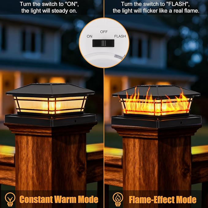 Flame Solar Post Cap Lights Flickering Flame &amp Warm Light Solar Deck Post Lights Waterproof Fence Post Lights for Garden Yard Porch Patio for 4x4 5x5 6x6 Vinyl/Wooden Posts 4 Pack Black