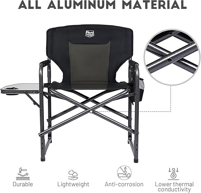 TIMBER RIDGE Lightweight Oversized Camping Chair Aluminum Directors Chair with Side Table for Outdoor Camping Lawn Picnic and Fishing Supports 400lbs Black 2PCS
