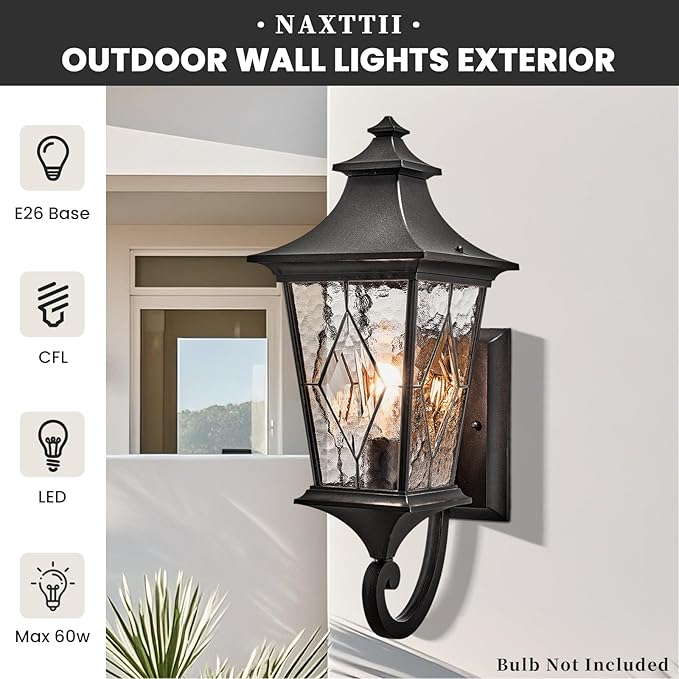 Outdoor Light Fixture Modern Outdoor Wall Sconce Light Waterproof Black Porch Lights Wall Mount with Water Ripple Handmade Glass for Gardens Porch Yards