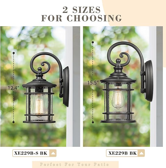 Emliviar Modern Porch Lights 2 Pack - Outdoor Wall Light Fixtures Wall Mount for Garage Black Finish with Seeded Glass Shade XE229B-S-2PK BK