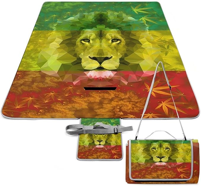 Jamaican Flag Rasta Lion Lover Waterproof Outdoor Picnic Blanket Sandproof Beach Mat for Camping Hiking Grass Travelling