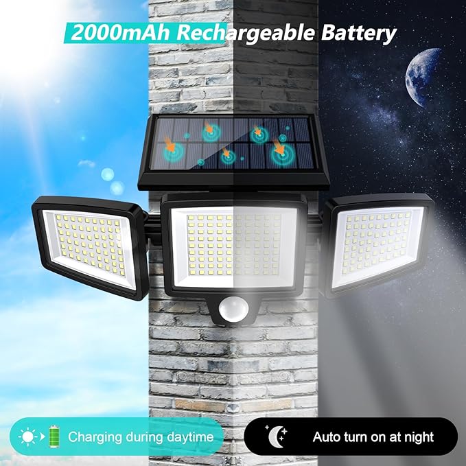 Tuffenough Solar Outdoor Lights 2500LM 210 LED Security Lights with Remote Control3 Heads Motion Sensor Lights IP65 Waterproof270° Wide Angle Flood Wall Lights with 3 Modes(3 Packs)