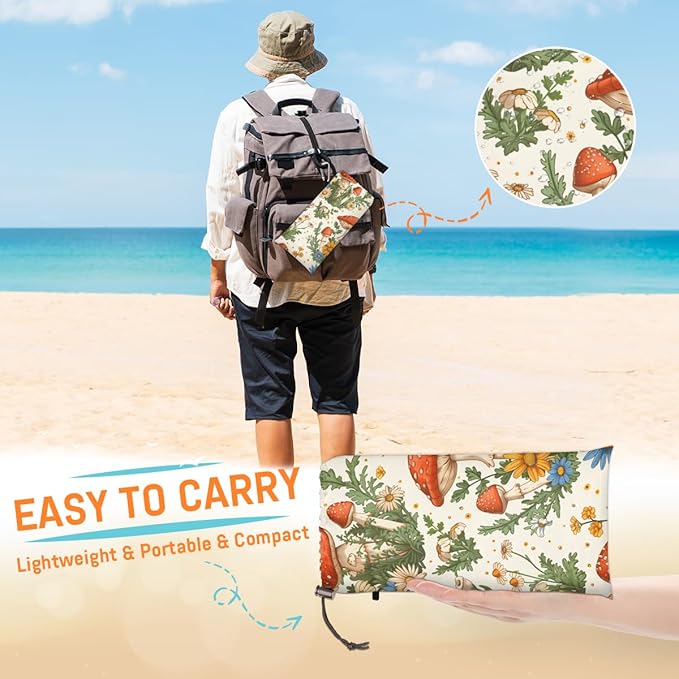 Waterproof Sandproof Beach Blanket 59''×68'' Mushrooms Polyester Outdoor Picnic Blanket with 4 Stakes &amp Storage Bag for BeachCampingVacation Wildflowers