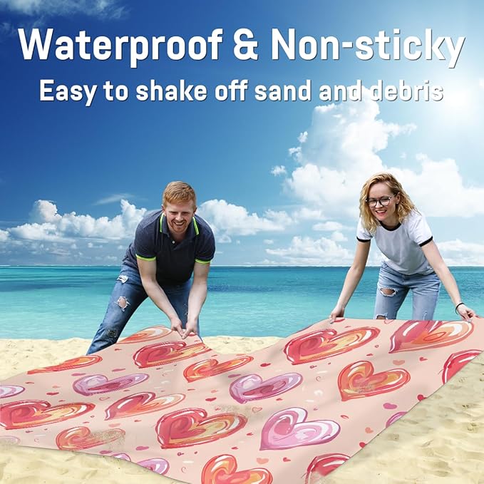 Waterproof Sandproof Beach Blanket 59''×68'' Shape-Heart Polyester Outdoor Picnic Blanket with 4 Stakes &amp Storage Bag for BeachCampingVacation Orange &amp Purple