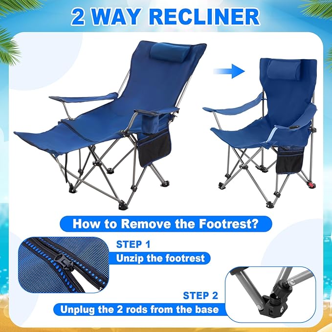 2 Set Reclining Camping Chair with Umbrella Clamp Adjustable Beach Chair with Foot Rest SPF 50+ Folding Shade Camping Lounger Recliner for Adult Outdoor(BlackBlueOxford)