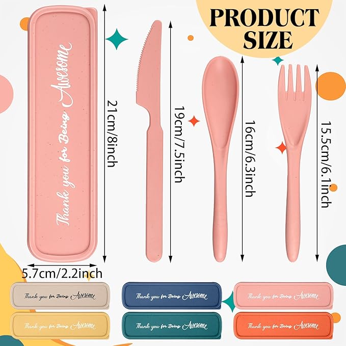 24 Pcs Employee Appreciation Week Gift Bulk Staff Reusable Travel Utensils Set with Case Wheat Straw Cutlery Portable Spoon Knife Fork Tableware Lunch Box Accessories for Picnic(Light Color)