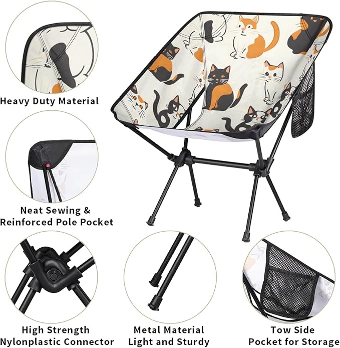 Honeybaby Folding Camping Chair Cat Pattern Camping Chairs Lightweight Portable Chair Outdoor Foldable Chairs for Camping Travel Picnic Beach Hiking