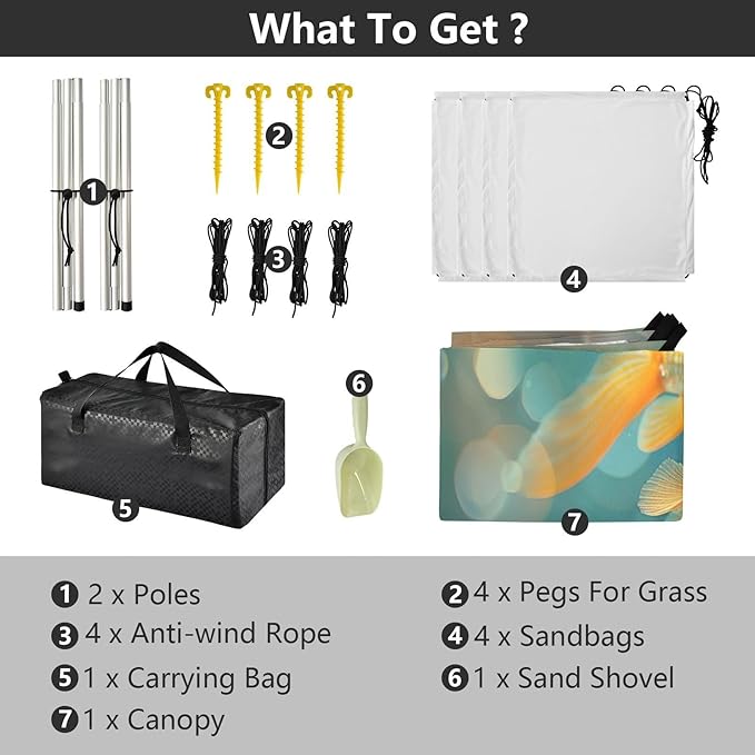 Goldfish Pattern Beach Tent Sun Shelter 9.2' x 10.5' Beach Canopy with 4 Sandbags 4 Stability Poles Sand Shovels - Tent Canopy for Beach Camping Fishing Picnics