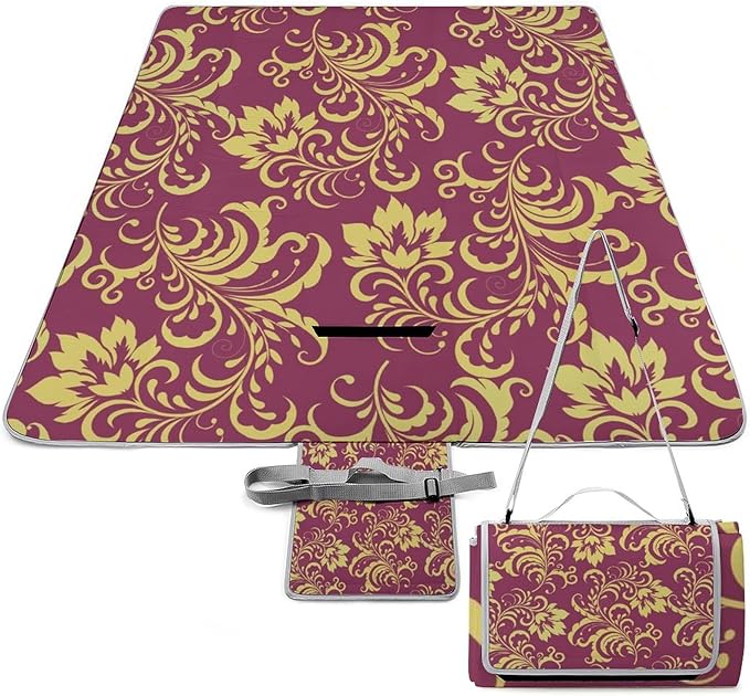 Vintage Victorian Damask Maroon Gold Floral Burgundy Antique Waterproof Outdoor Picnic Blanket Sandproof Beach Mat for Camping Hiking Grass Travelling