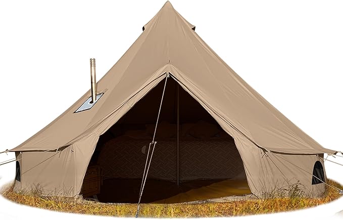 Cotton Canvas Bell Tent Waterproof Large Tents with Sturdy Center &amp Door Pole and Space for 4/6/8 Person All 4 Season Camping Yurt Tent