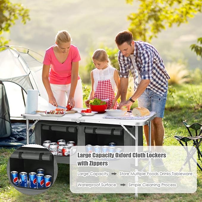 Goplus Folding Camping Table with Storage Aluminum Outdoor Camp Table with 2-Level Adjustable Height Lightweight Portable Foldable Picnic Table for Tailgating Beach BBQ Party RV