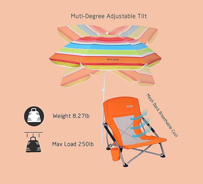 Beach Chair Low Beach Chairs with Umbrella Compack Portable Folding Festival Chairs Chairs with Shade for Adult with Cup Holder Carry Bag Heavy Duty for Outdoors BBQ (1-Pack Orange)