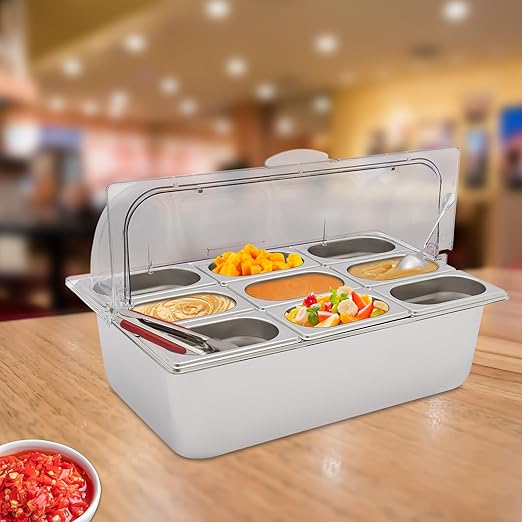 9-Compartment Stainless Steel Food Serving Tray with Lid Countertop Buffet Condiment Dispenser Display Container with Ice Packs 9 Tongs &amp Spoons for Restaurant Hotel Kitchen Party