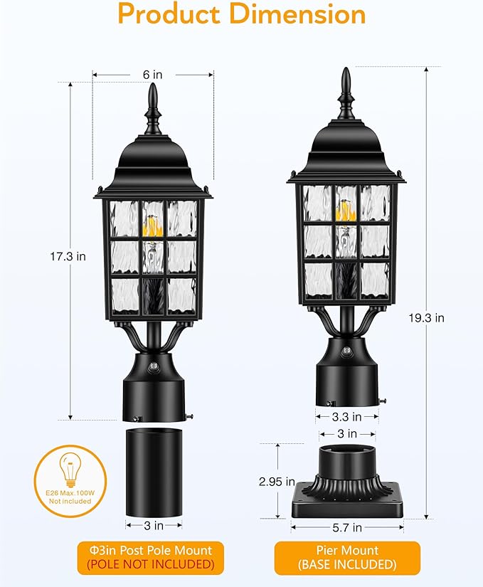 VIANIS Lamp Post Light Fixture with Mount Base Modern Black Exterior Post Lantern Fixture with Tempered Glass Anti-Rust Aluminum Light Posts for Outside for Driveway Backyard Patio Garden E26