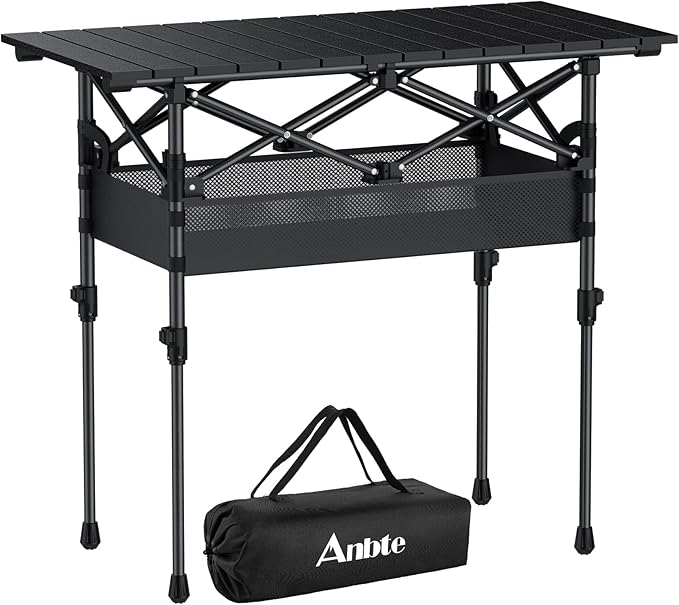 Anbte 3ft Aluminum Roll Top Camping Table Max 27.5 2 Adjustable Height Folding Camping Table Waterproof with Storage Net and Bag for BBQ Picnic Tailgating Backyard RV Travel 32.2” x 16” Pure Black