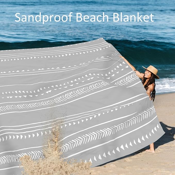Extra Large 110''×118'' Beach Blanket for 8 Adults Outdoor Beach Mat Sand Free Waterproof with 4 Stakes &amp 4 Corner Pockets Polyester Lightweight Foldable Grey Picnic Mat for Travel Camping Hik