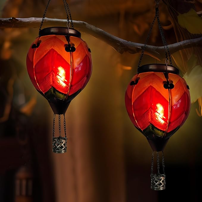Glass Solar Hot Air Balloon Lantern with Flame Hanging Garden Flickering Light Outdoor Waterproof for Yard Patio Tree Mother's Day Gift Wavy-Colorful