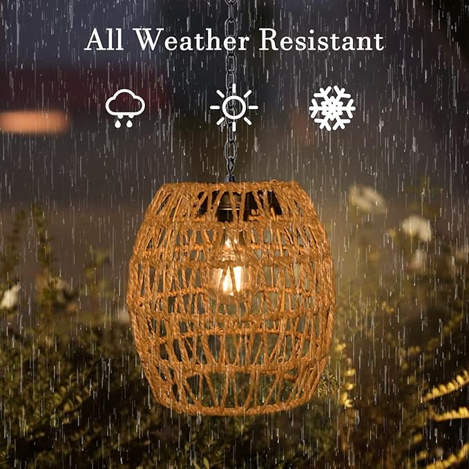 Livinlarge Boho Pendant Solar Light Rustic Hand-Woven Rattan Chandelier Coastal Retro Lamp Wedding Garden Courtyard Hallway Entryway Decoration.