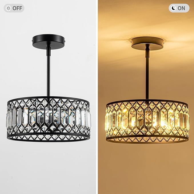 3-Light Crystal Ceiling Light Modern Semi Flush Mount Light Fixture Black Crystal Chandelier for Kitchen Bedroom Bathroom Entryway Hallway