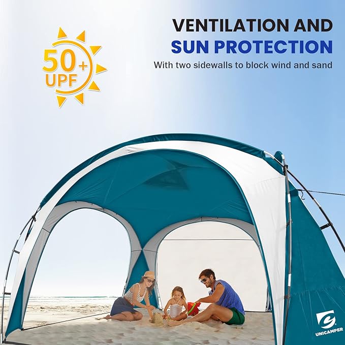 Beach Tent 12 X 12ft Large UPF50+ Pop Up Canopy with 2-Pcs Side Wall Sun Shelter Rainproof Waterproof for Camping Trips Backyard Fun Fishing Parties Or Picnics(Ocean Blue)