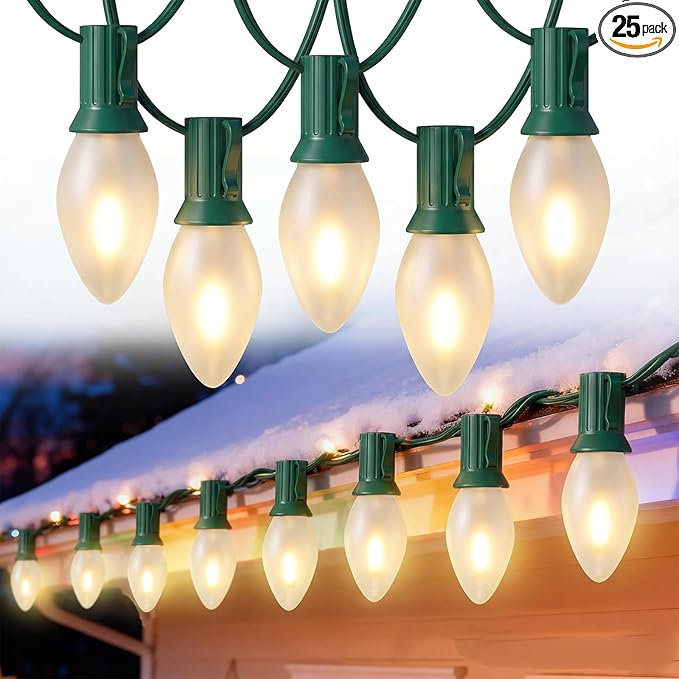 25FT C7 LED Christmas LightsFrosted White LED C7 Christmas String Lights with 27 LED BulbsCommercial Hanging Lights Candle House Porch Balcony Party Decor