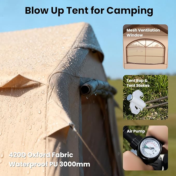 Inflatable Tents for Camping Blow Up Tent with Hand Pump Easy Setup Inflatable Hot Tent with Stove Jack Waterproof Oxford Air Glamping Tents for Camping Adult 4 Person Upgrade Version