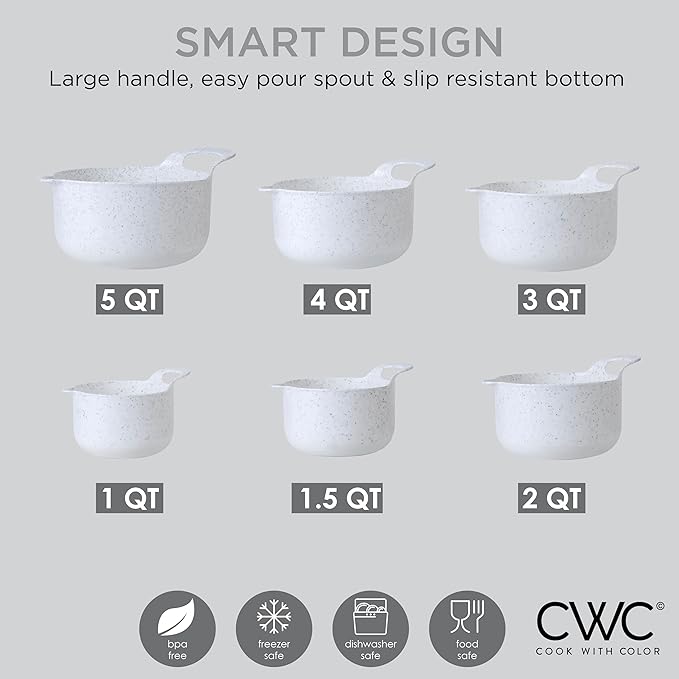COOK WITH COLOR Nesting Plastic Mixing Bowl Set with Pour Spouts and Handles Speckled White 6 Piece Non-Slip